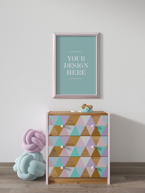 Wall frame mockup with sideboard and home accessories