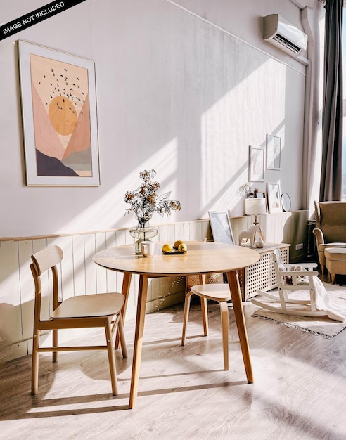 Wall frame mockup with tea table and chair