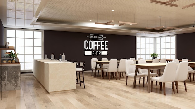 Wall logo mockup in the coffee shop with wooden table and chair