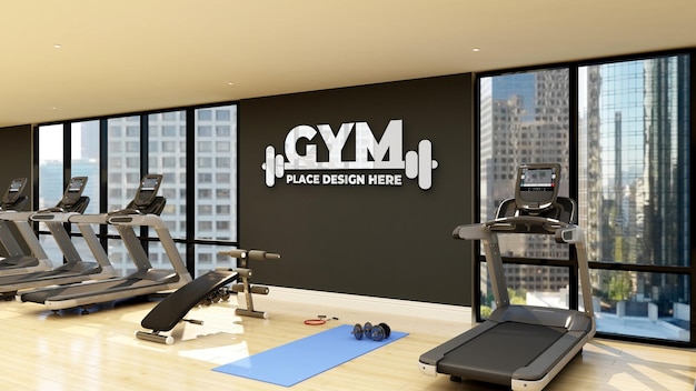 PSD wall logo mockup in modern fitness and gym room