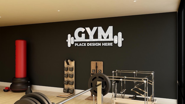 PSD wall logo mockup in modern fitness and gym room