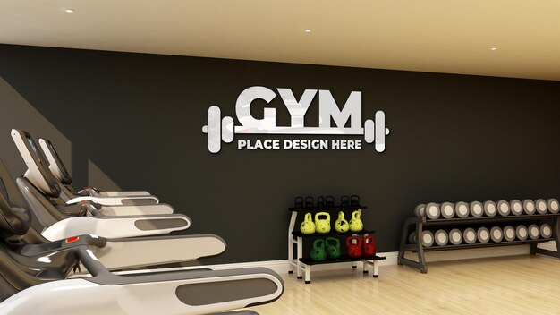 PSD wall logo mockup in modern fitness and gym room