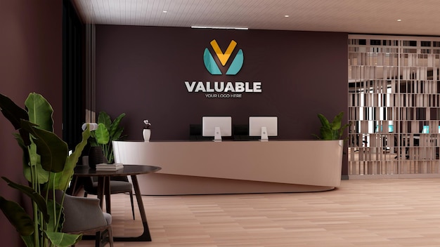 PSD wall logo mockup in the office receptionist or front desk