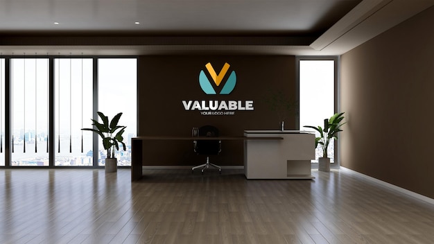 Wall logo mockup in the office receptionist or front desk