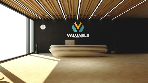 PSD wall logo mockup in the office receptionist or front desk