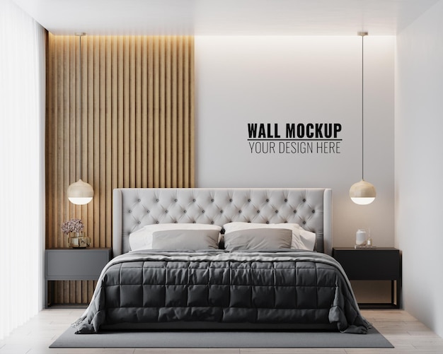 Wall mockup in bedroom interior