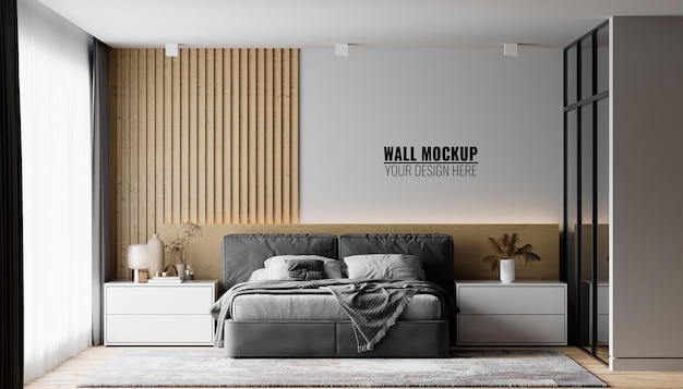 Wall mockup in bedroom interior