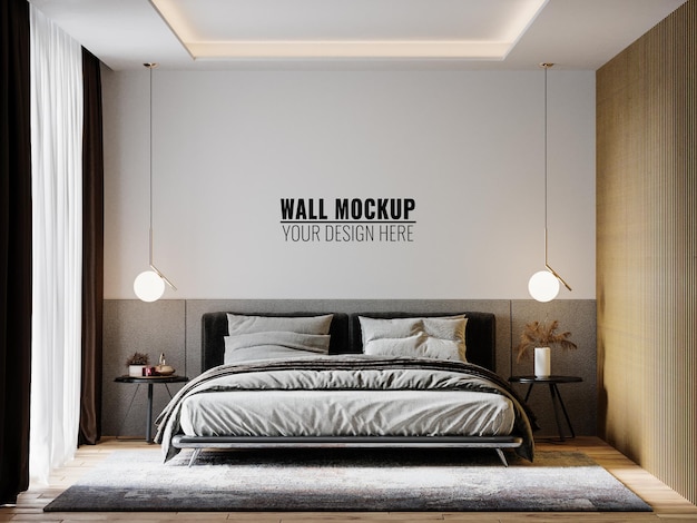 Wall mockup in bedroom interior