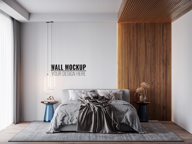 Wall mockup in bedroom interior