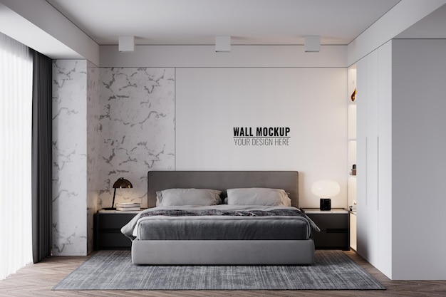 Wall mockup in bedroom interior