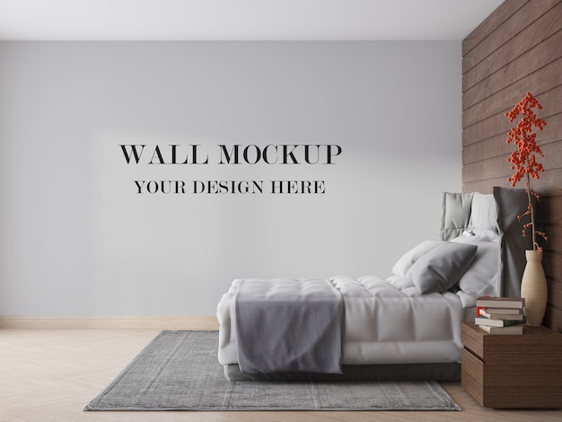 PSD wall mockup beside modern high headboard bed