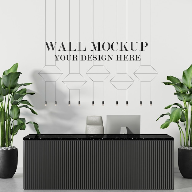 Wall mockup behind black reception desk