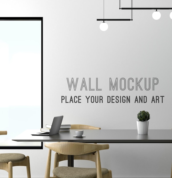 PSD mockup di parete su muro bianco con finestra minima nella sala da pranzo