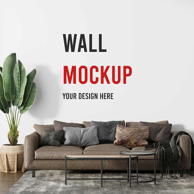 Wall mockup behind brown leather sofa