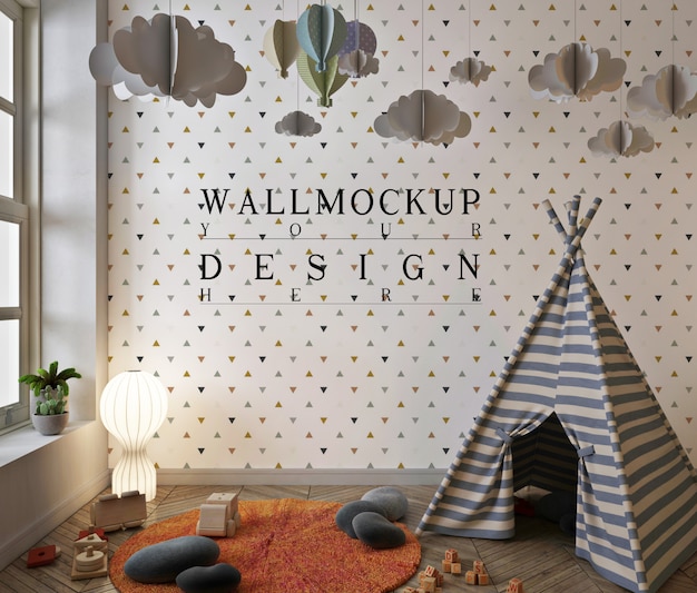 Wall mockup in cute interior of kids playroom