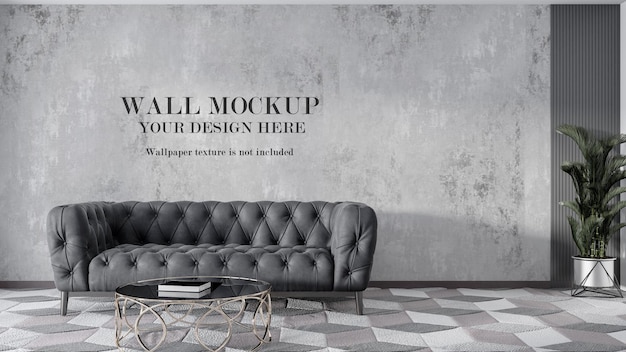 Wall mockup design behind grey chester sofa