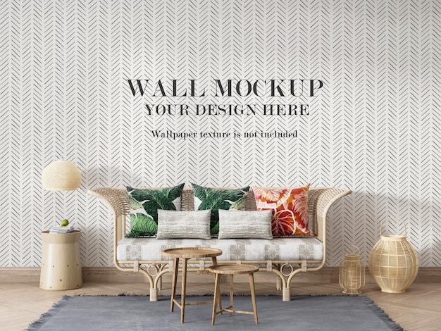 Design mockup a parete dietro il divano in rattan