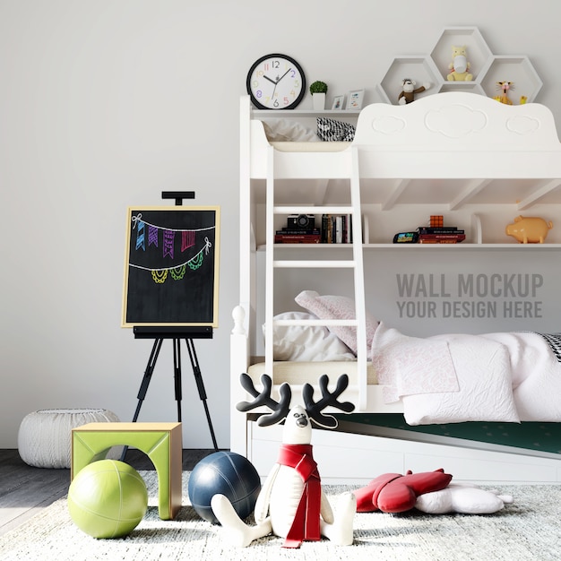 Wall mockup interior kids bedroom with decorations