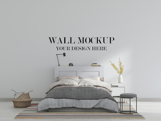 Wall mockup in interior with white bed