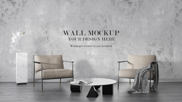 PSD wall mockup behind metal frame armchairs