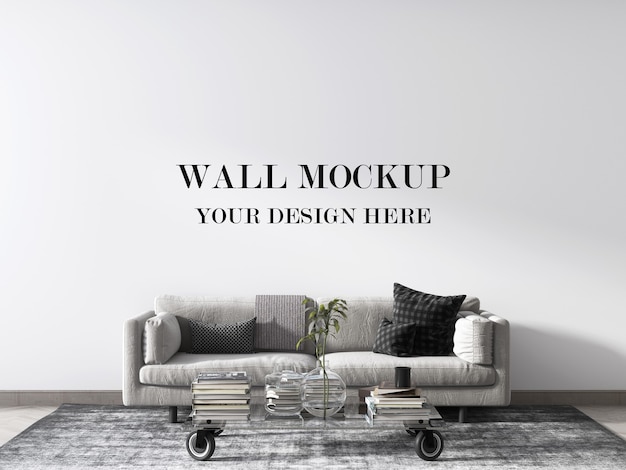 Wall mockup behind modern grey sofa 3d render