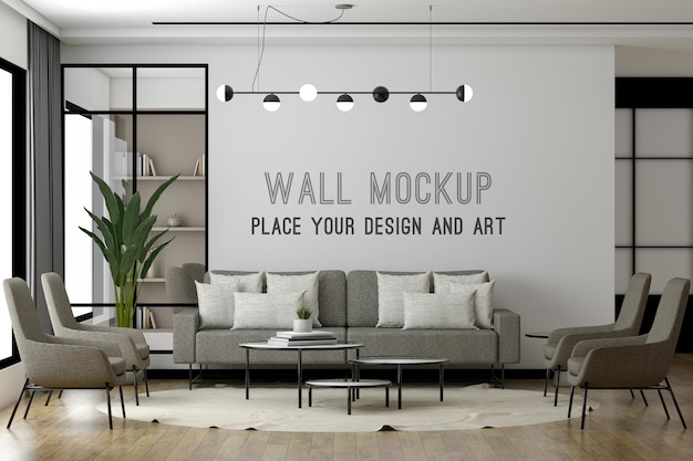 Mockup a parete in salotto moderno con grande finestra