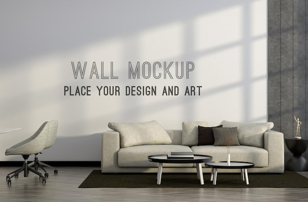 Wall mockup in office room with modern sofa