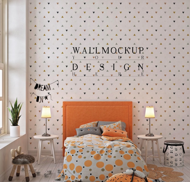 Wall mockup in orange kids bedroom