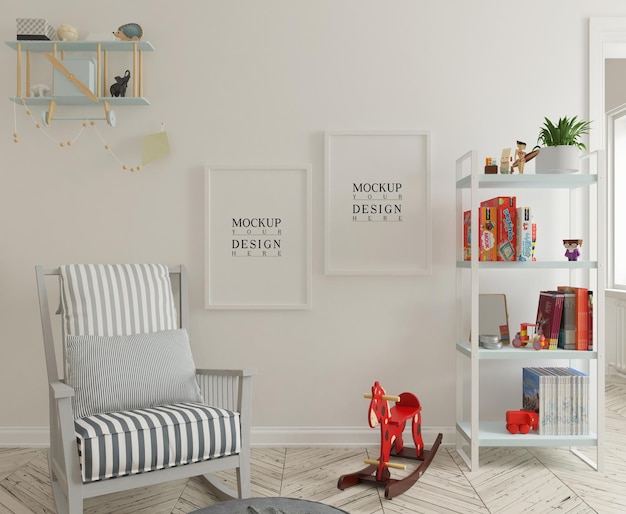 wall mockup and poster frame mockup in cute nursery room