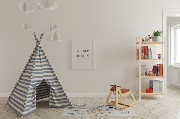 Wall mockup and poster mockup in kids playroom interior