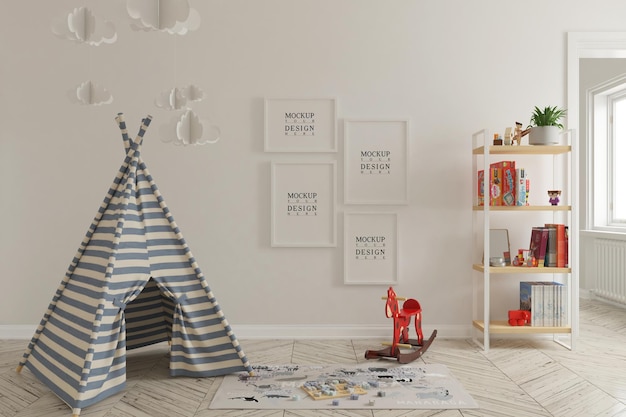 Wall mockup and poster mockup in kids playroom interior