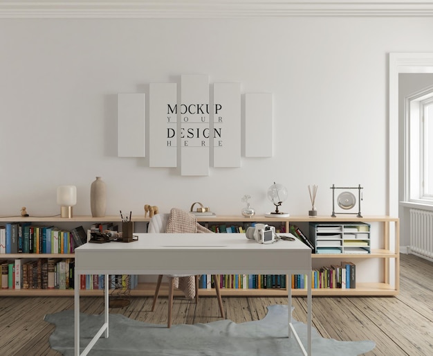 Wall mockup and poster mockup in modern study room