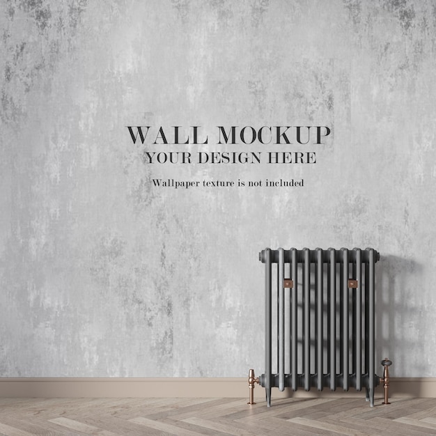 PSD wall mockup behind radiator with minimalist furniture