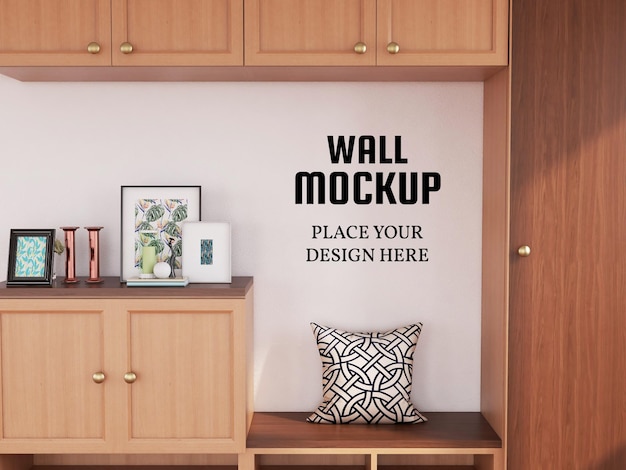 PSD wall mockup realistico sul mobile in legno