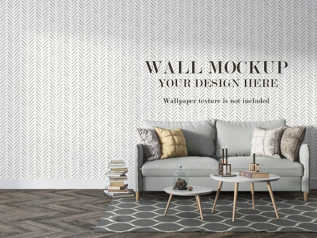 PSD wall mockup behind scandinavian sofa