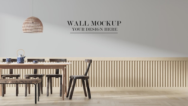 Wall mockup in scene with wooden furniture