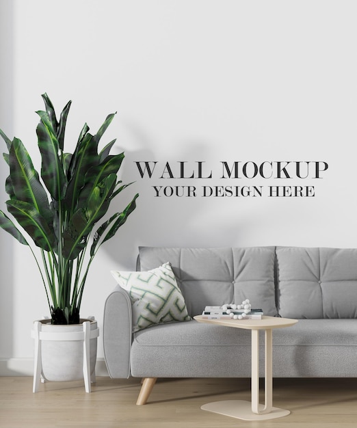 Wall mockup behind sofa and plant