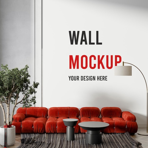 PSD wall mockup behind stylish modern sofa