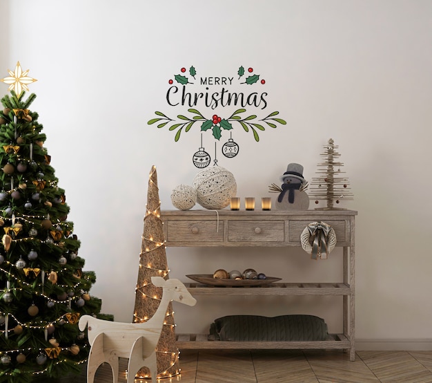 PSD wall mockup in vintage interior with christmas tree and decoration