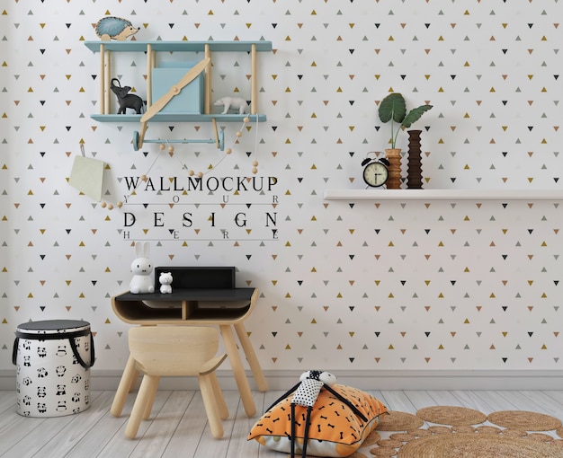 Wall mockup in white kids study bedroom