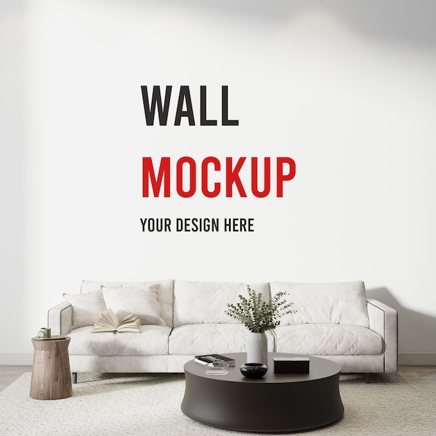 PSD wall mockup behind white sofa