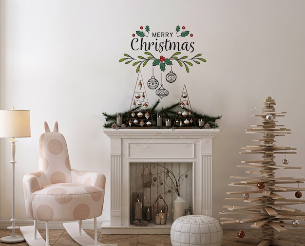 Wall mockup with wooden christmas  tree, decoration and present