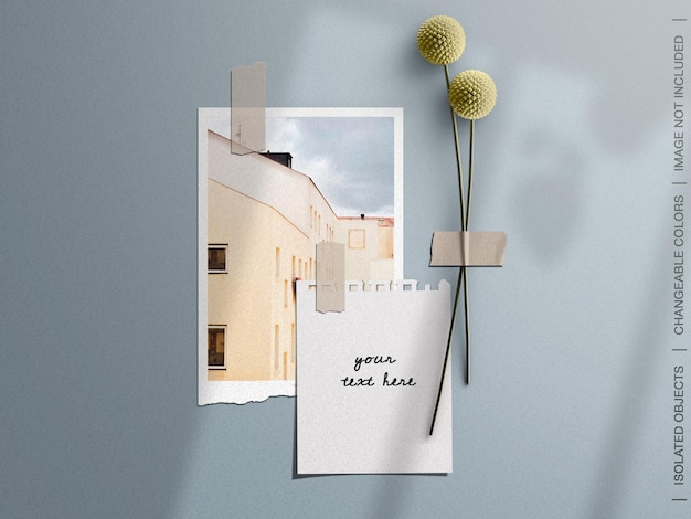 Макет настенной доски настроения с приклеенной лентой рваной бумажной фотокарточкой и цветочным коллажем