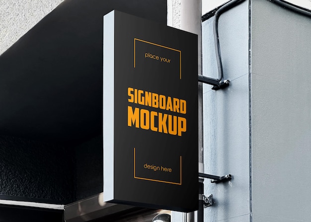 Wall mounted vertical signboard mockup psd template