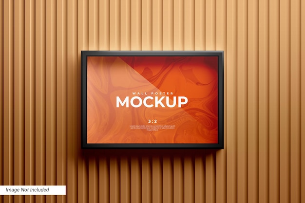 Wall poster mockup with wood panel background