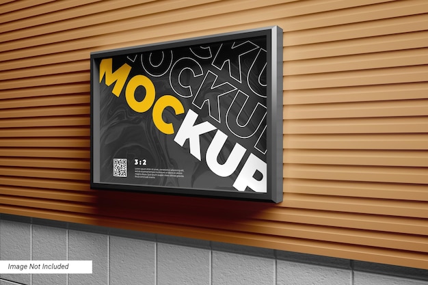 wall poster mockup with wood panel background