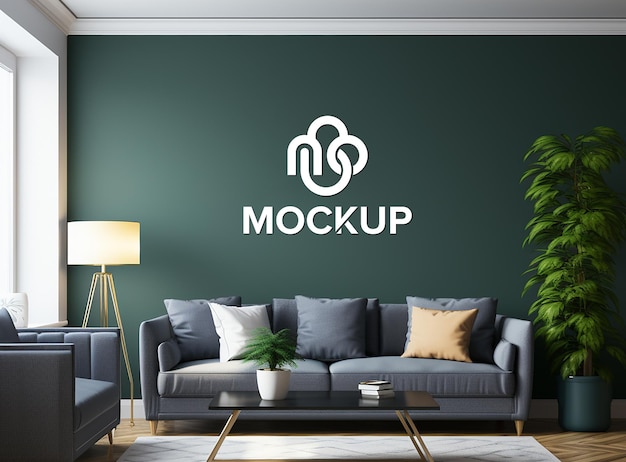 wall sign logo mockup in the living room with sofa