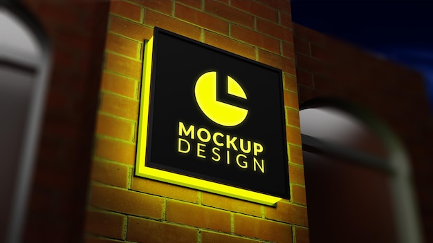 Wall signage logo mockup neon box style with night light