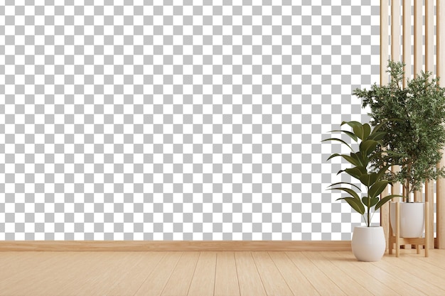 PSD wall transparent mockup with plants on a floorminimalist empty room with wooden floor 3d rendering