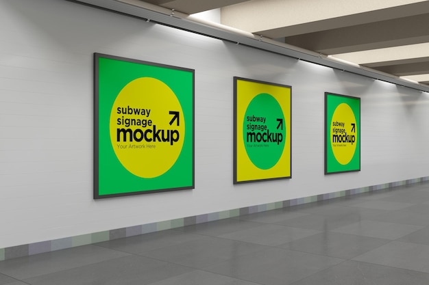 A wall with three posters that say subway sign mockup